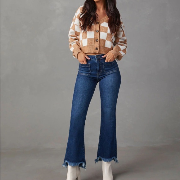 VICI Checkerboard Knit Cardigan in Camel and White X Small - Picture 3 of 9